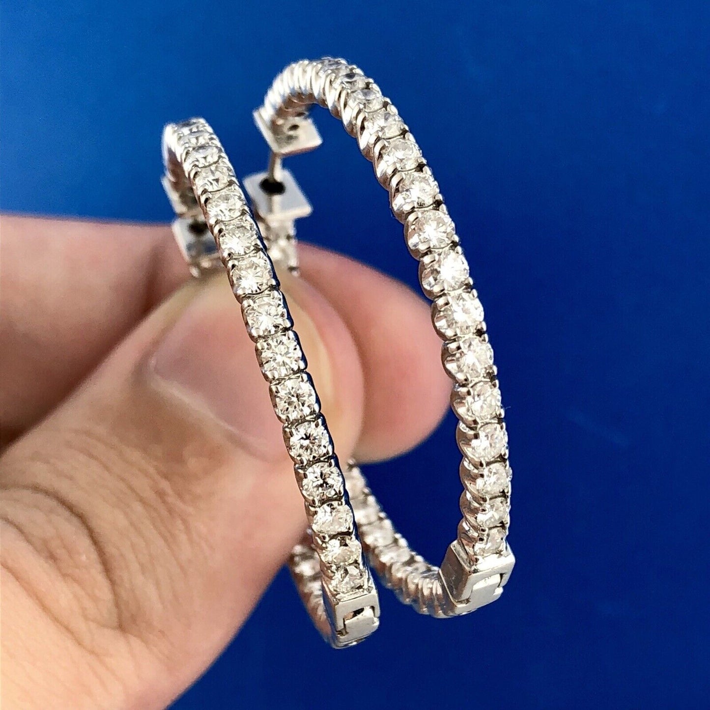 14K White Gold 2ctw Natural Round Diamond Inside Outside Hoop Earrings