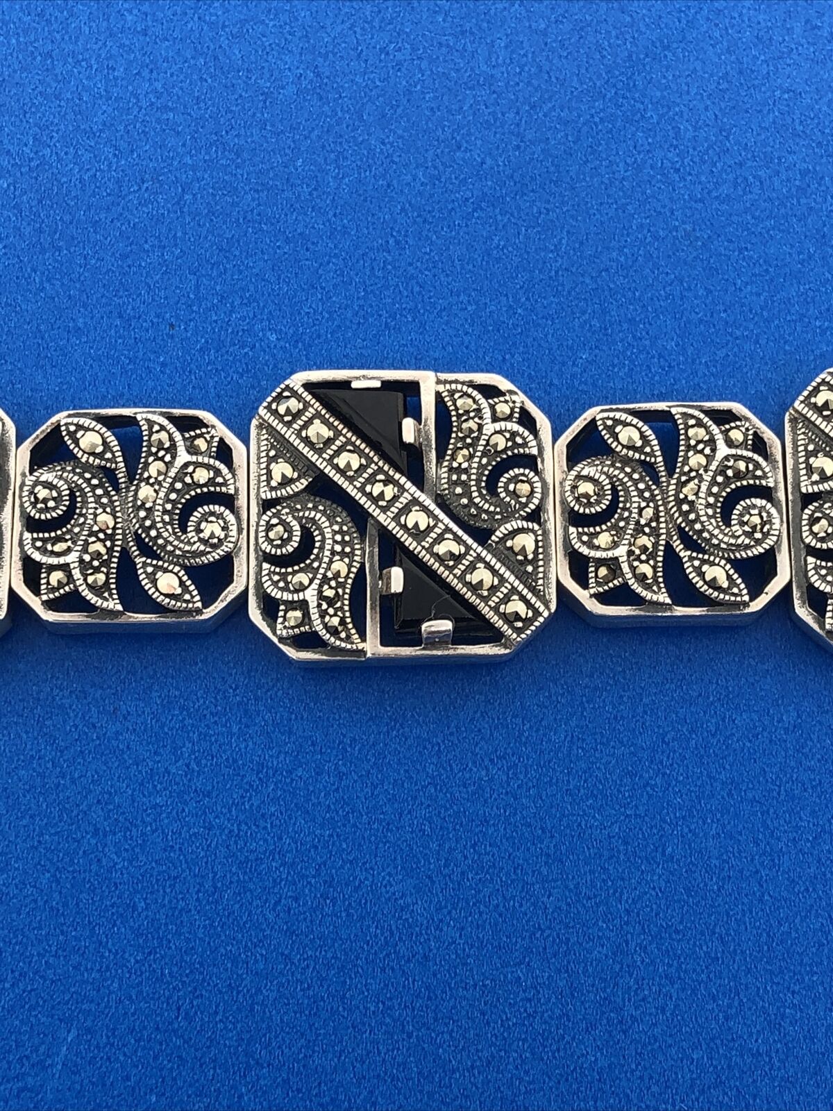 Art Deco Style 925 Sterling Silver Black Onyx Marcasite Scroll Panel Bracelet