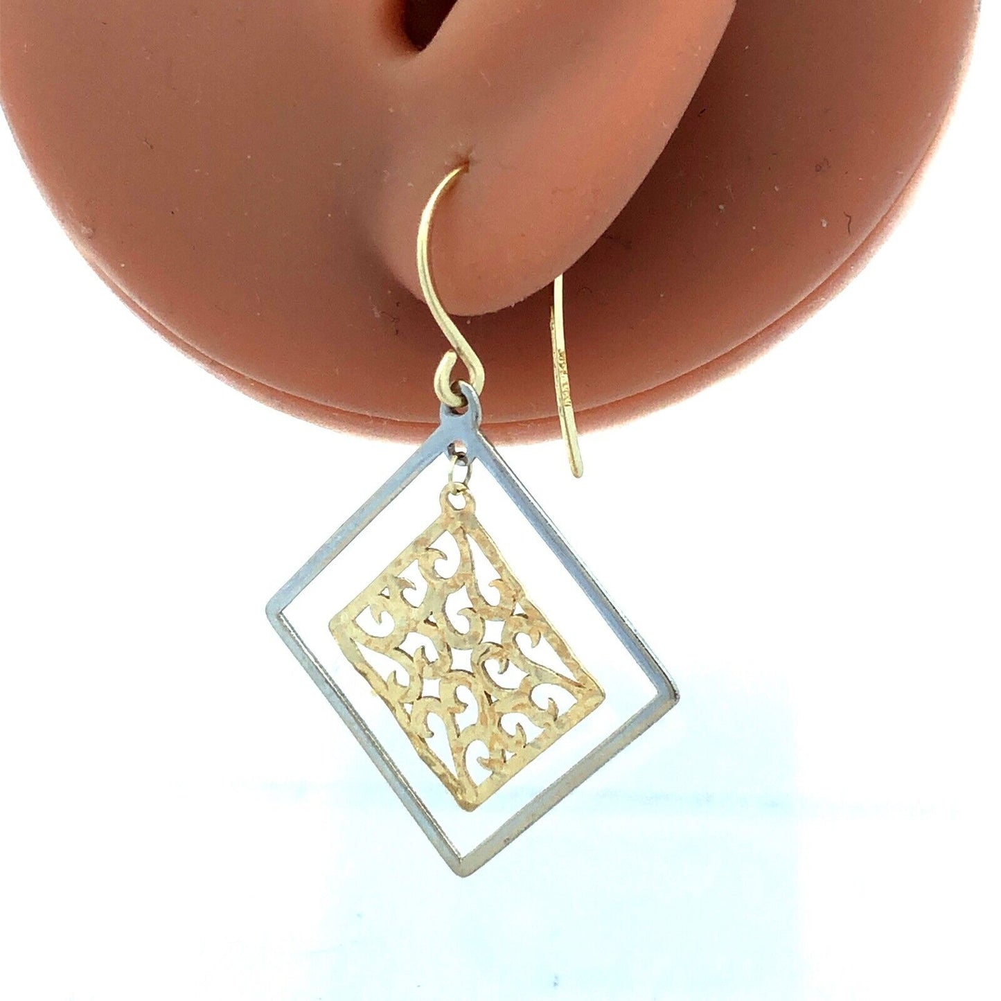 Designer 14K Yellow White Gold Open Scroll Square Dangle Hook Earrings