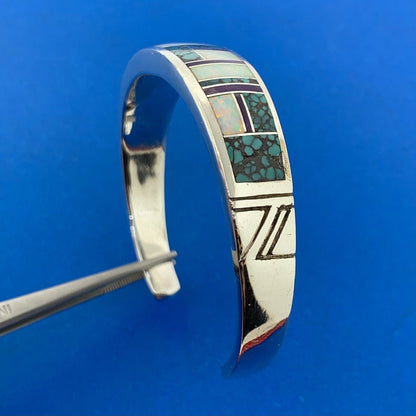 C Willie/D Rosales Sterling Silver Opal Spiderweb Turquoise Amethyst Inlay Cuff