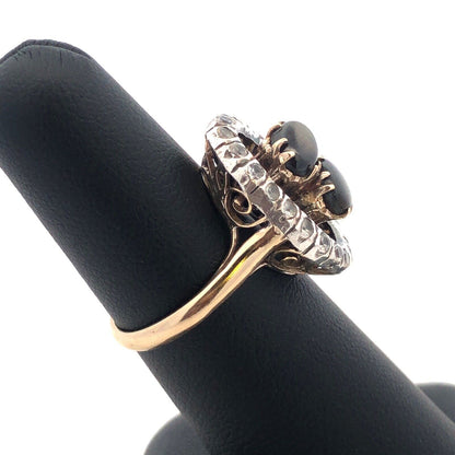 Vintage 14K Yellow Gold Black Star Sapphire White Amethyst Halo Cocktail Ring