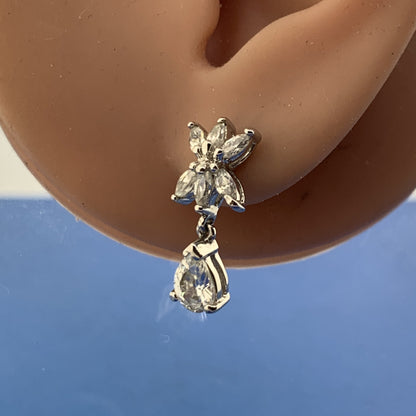 Designer 925 Sterling Silver Cubic Zirconia Flower Cluster Drop Dangle Earrings