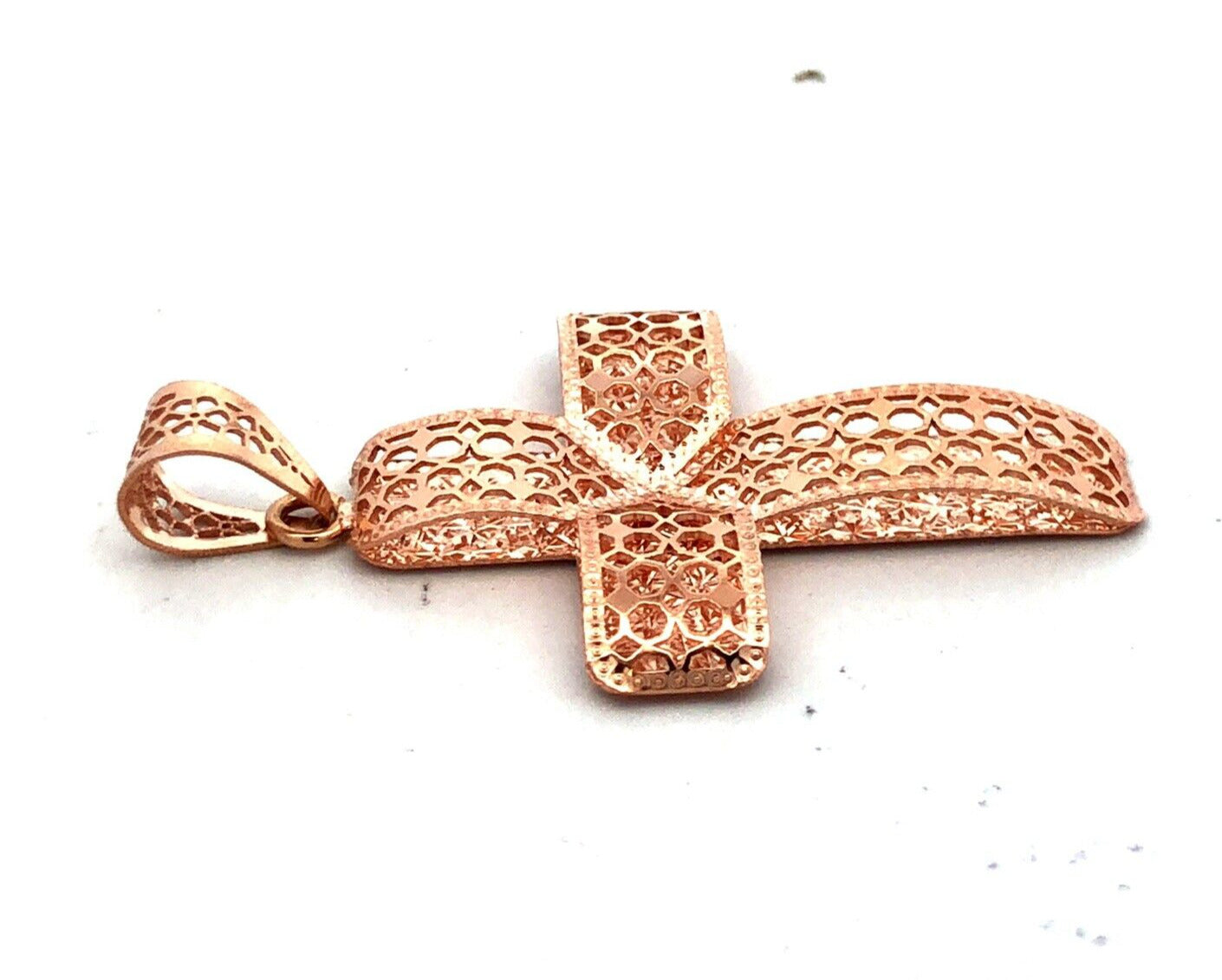 Designer QG Italy 14K Rose Gold Textured Open Work Cross Pendant