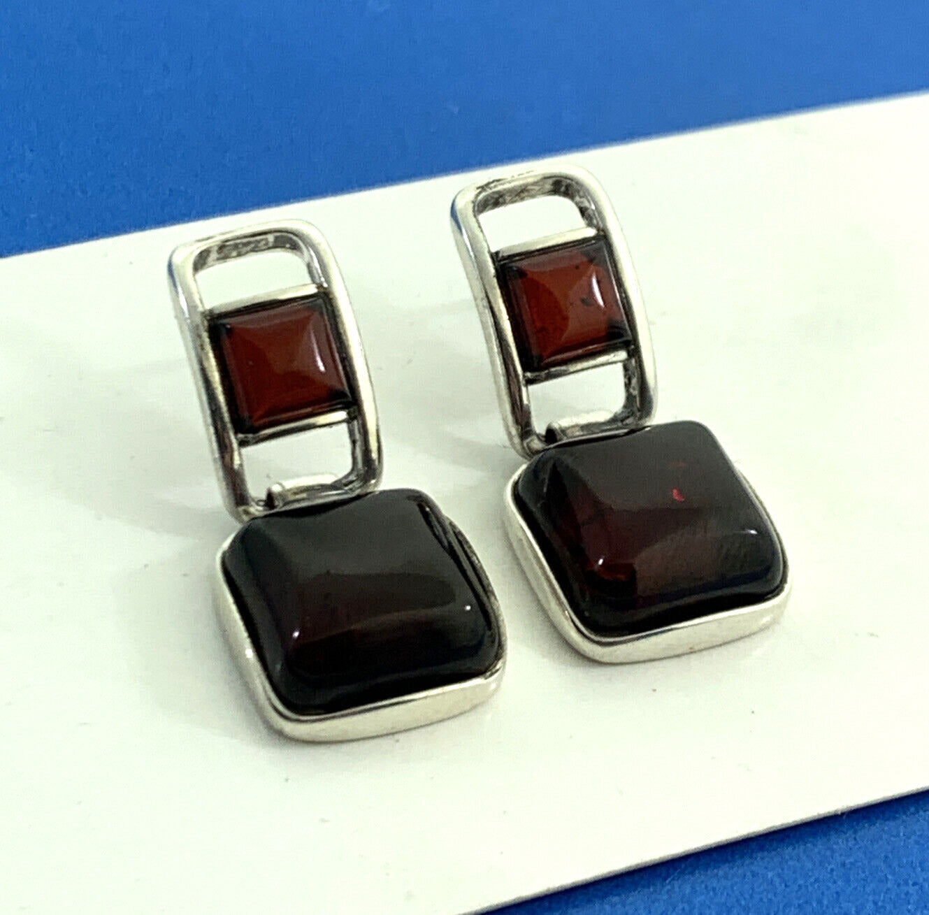 Modernist 925 Sterling Silver Garnet Cabochon Statement Dangle Stud Earrings
