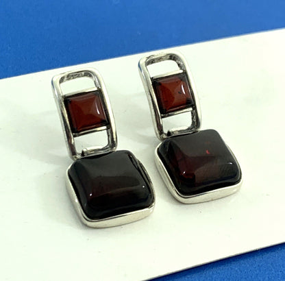 Modernist 925 Sterling Silver Garnet Cabochon Statement Dangle Stud Earrings