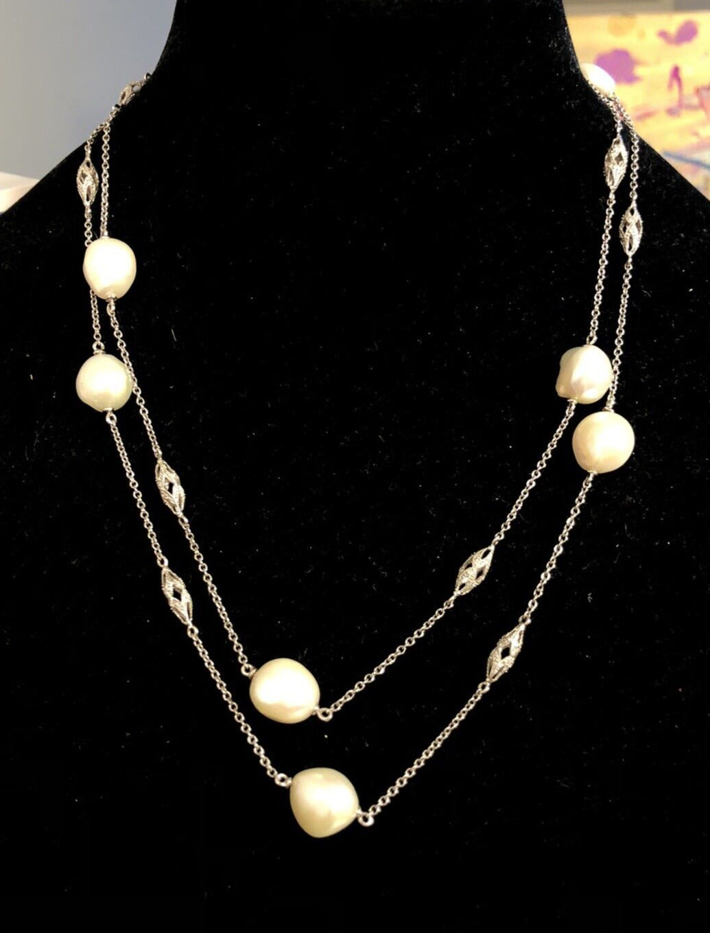 Estate 14K White Gold Art Deco Baroque Pearl Diamond Station Beaded Necklace