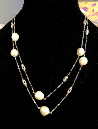 Estate 14K White Gold Art Deco Baroque Pearl Diamond Station Beaded Necklace