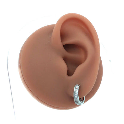 Designer N 925 Sterling Silver Baguette Cubic Zirconia CZ Huggie Hoop Earrings