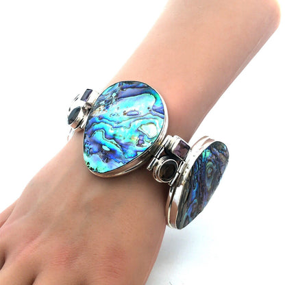 Modernist 925 Sterling Silver Abalone Amethyst Smoky Topaz Statement Bracelet