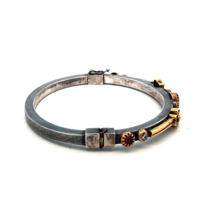 Vintage 925 Sterling Silver Ruby Emerald White Amethyst Hinged Bangle Bracelet