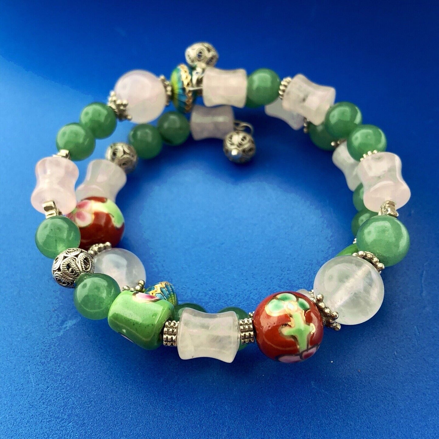 Sterling Silver Green Lavender Jade Ceramic Cloisonne Bead Three Wrap Bracelet