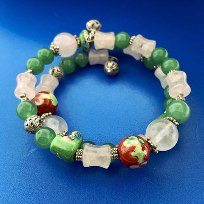 Sterling Silver Green Lavender Jade Ceramic Cloisonne Bead Three Wrap Bracelet