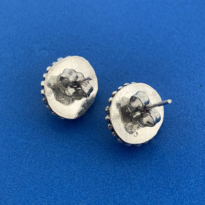 925 Sterling Silver Black White Snowflake Obsidian Oval Stud Earrings