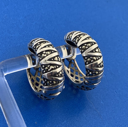 Designer 925 Sterling Silver Marcasite Basket Weave Hoop Earrings