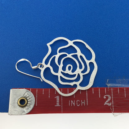 Designer FAS Sterling Silver 925 Openwork Rose Flower Dangle Hook Earrings