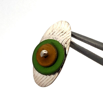 Vintage Hut 925 Sterling Silver Green Yellow Modernist Oval Stud Earrings