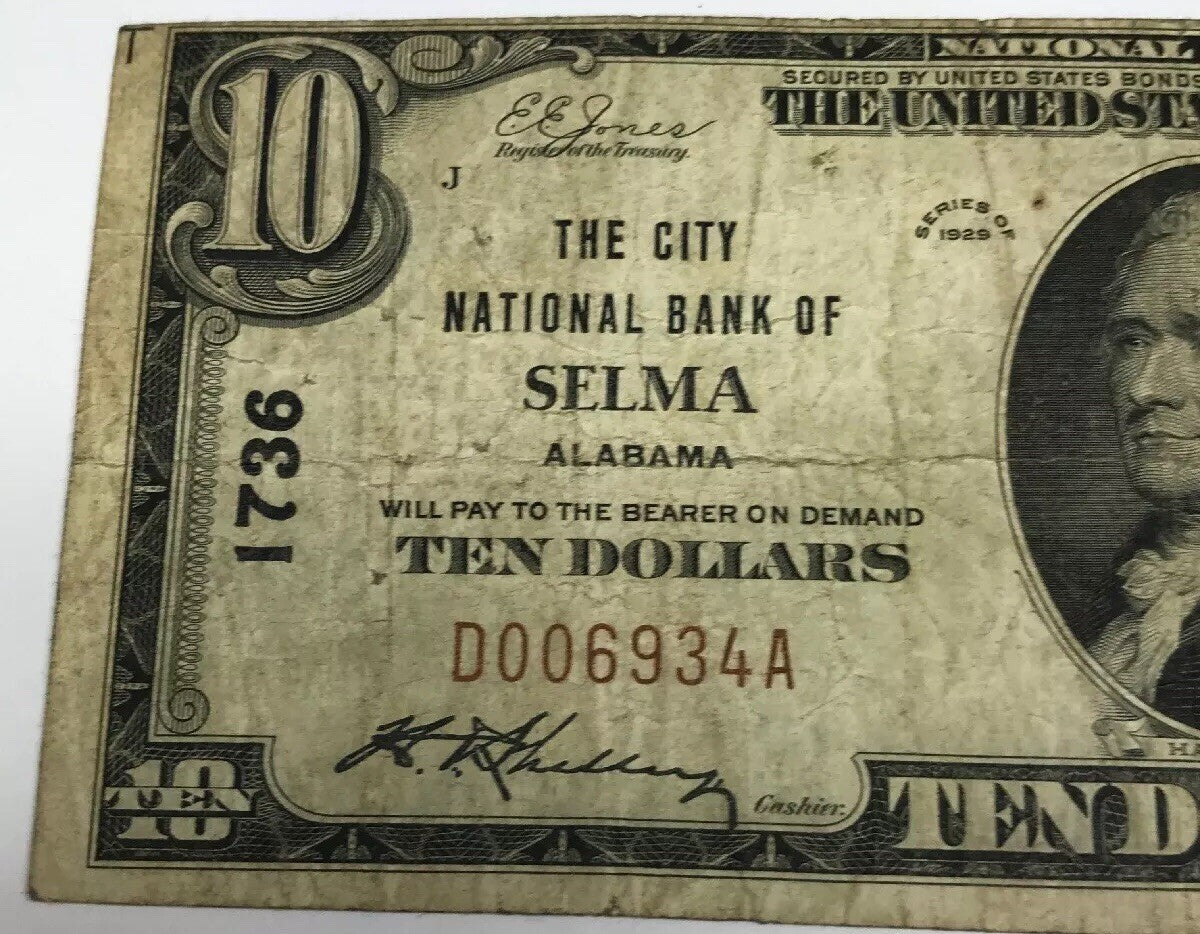 1929 Type 1 $10 The City National Bank of Selma Alabama Charter 1736 Tough Note!