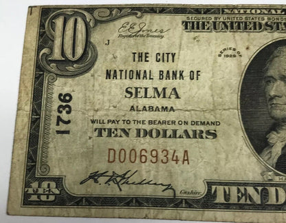 1929 Type 1 $10 The City National Bank of Selma Alabama Charter 1736 Tough Note!