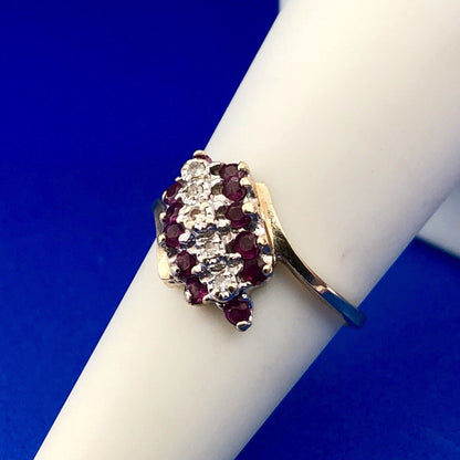 Vintage 10K Yellow Gold Ruby Diamond Cluster Bypass Cocktail July Occasion Ring