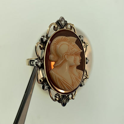 Vintage 14K Yellow Gold Double Carved Soldier Cameo Diamond Accent Etruscan Ring