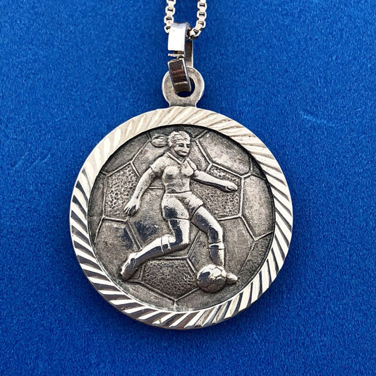 Designer FAS Italy Sterling Silver St Christopher Girl Soccer Pendant Necklace