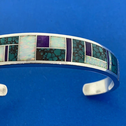 C Willie/D Rosales Sterling Silver Opal Spiderweb Turquoise Amethyst Inlay Cuff