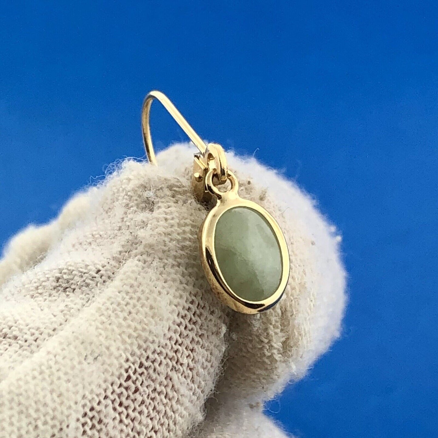 Designer Mexico 14K Yellow Gold Oval Green Chalcedony Lever Hook Dangle Earrings