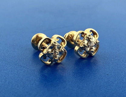Art Deco 14K Yellow White Gold Diamond Quatrefoil Screw Back Stud Earrings