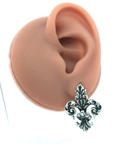 Vintage 925 Sterling Silver Scroll Filigree Textured Fleur De Lis Hook Earrings