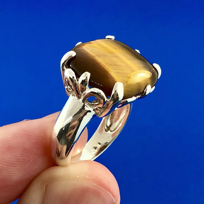 Designer 925 Sterling Silver Square Tigers Eye Fleur De Lis Statement Ring