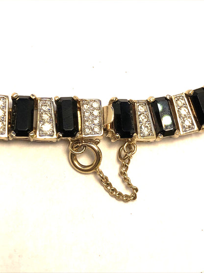 Gold Tone Black Onyx Rhinestone Collar Statement Necklace