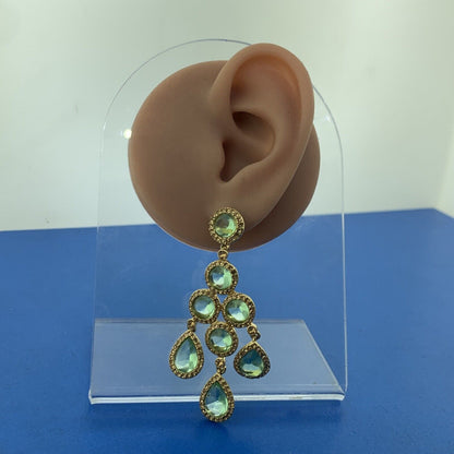 Vintage Carolee Lux Gold Tone Green & Gold Rhinestone Chandelier Dangle Earrings