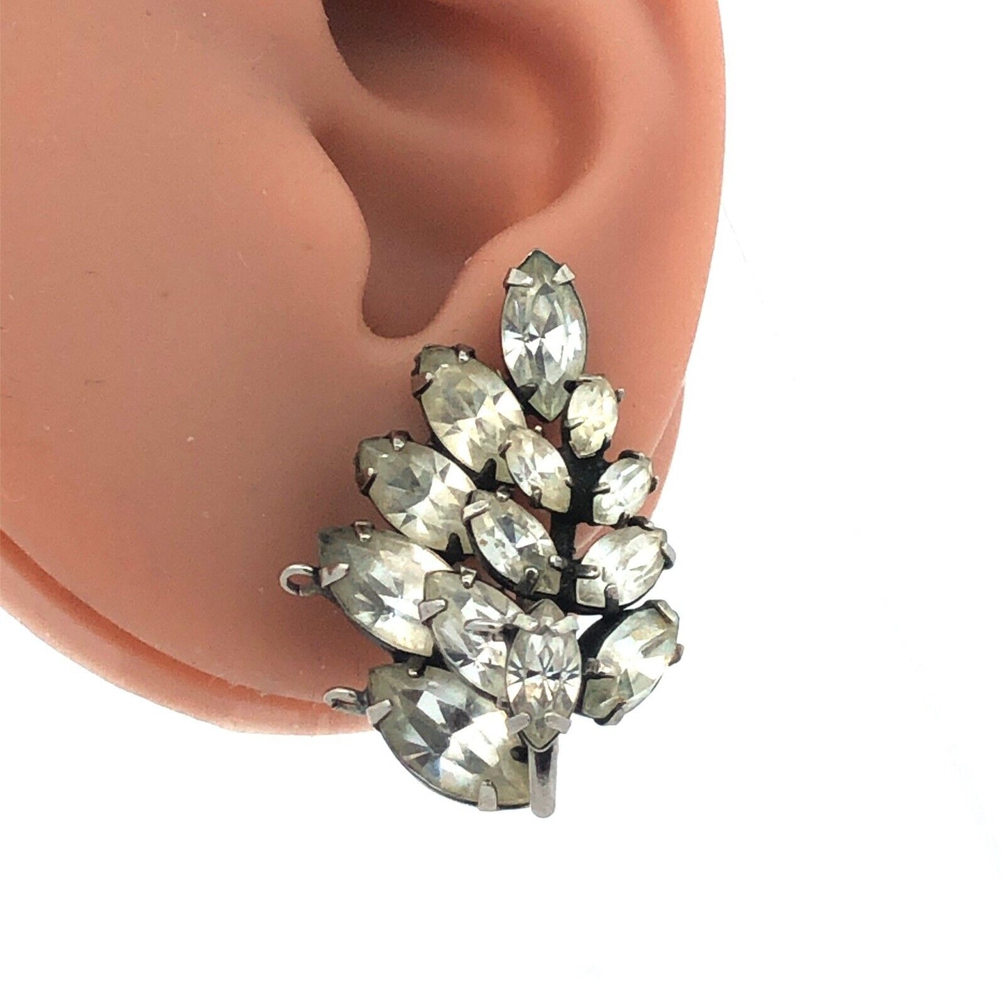 Vintage Kramer New York Silver Tone Marquise Rhinestone Statement Clip Earrings