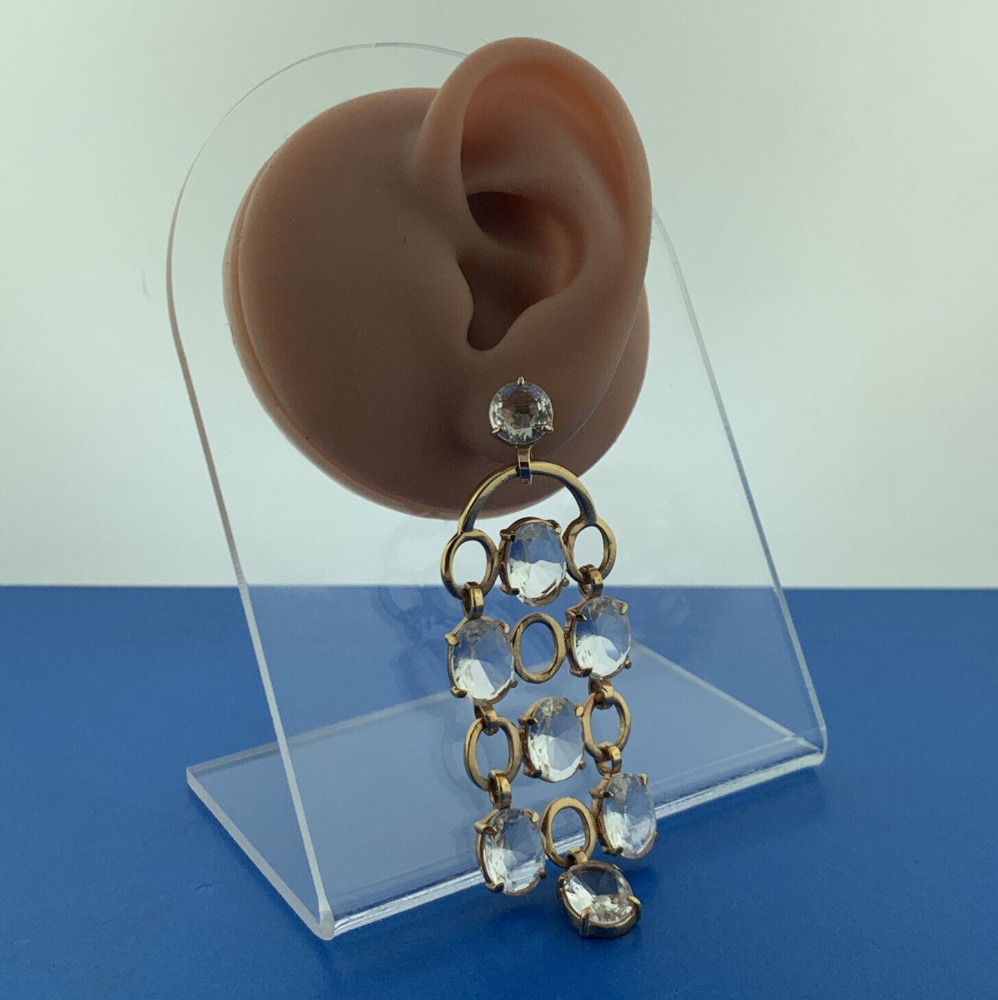 Mid Century Designer Gold Tone Glass Chandelier Runway Quality Pierced Earrings