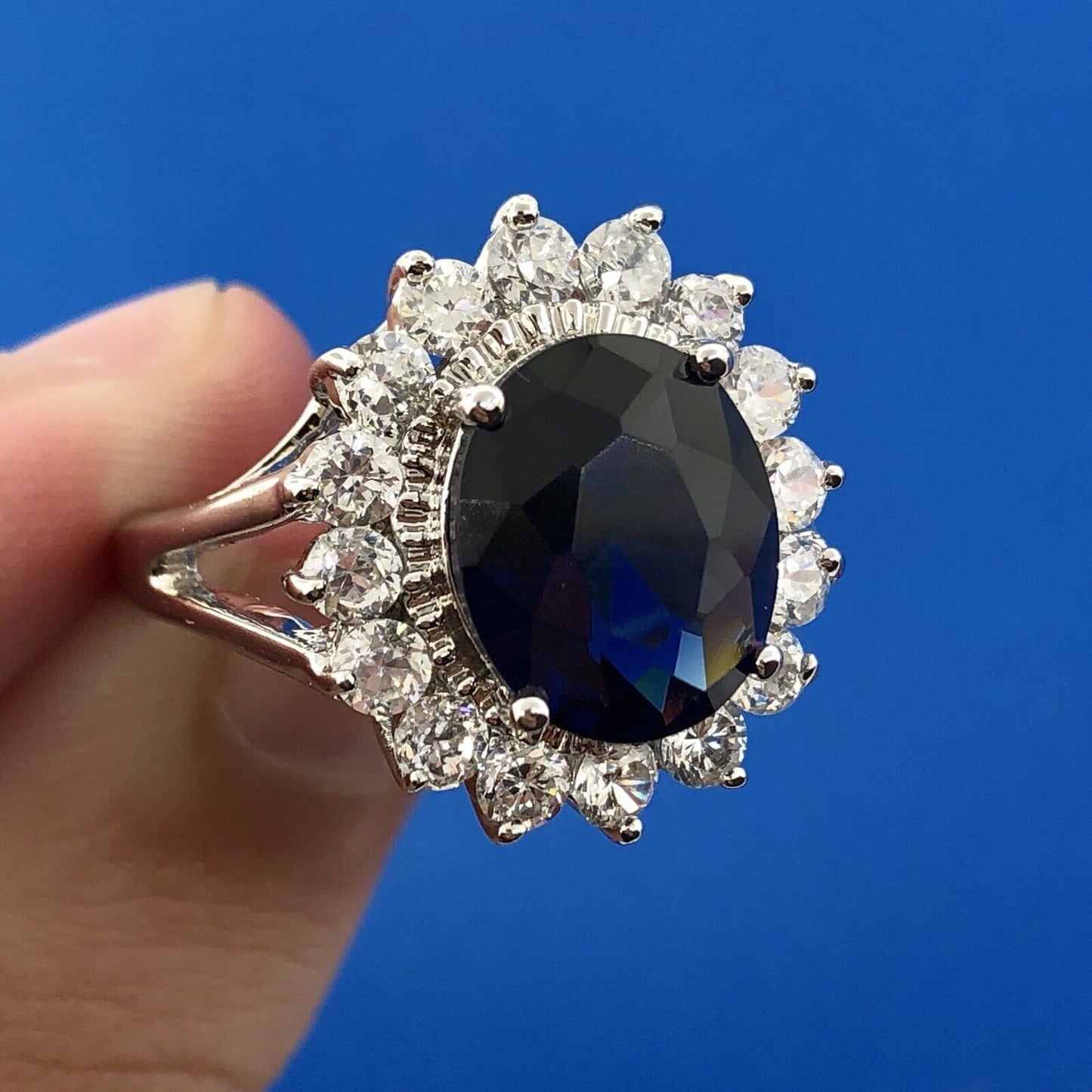 Sterling Silver 925 Blue White Cubic Zirconia CZ Statement Fashion Cocktail Ring