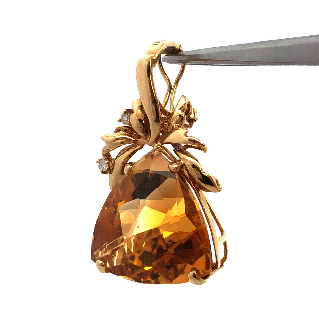 Vintage 14K Yellow Gold Trillion Citrine Diamond Accented Enhancer Pendant