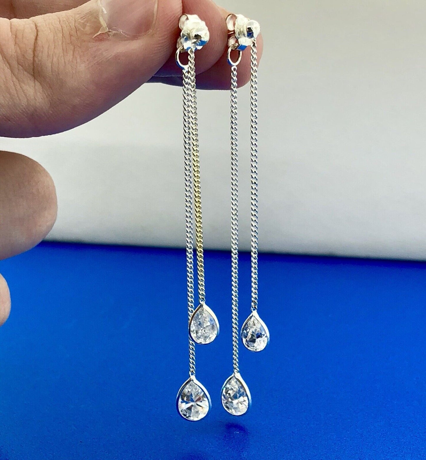 Designer CIJ Sterling Silver 925 Cubic Zirconia CZ Double Drop Dangle Earrings