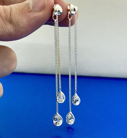 Designer CIJ Sterling Silver 925 Cubic Zirconia CZ Double Drop Dangle Earrings