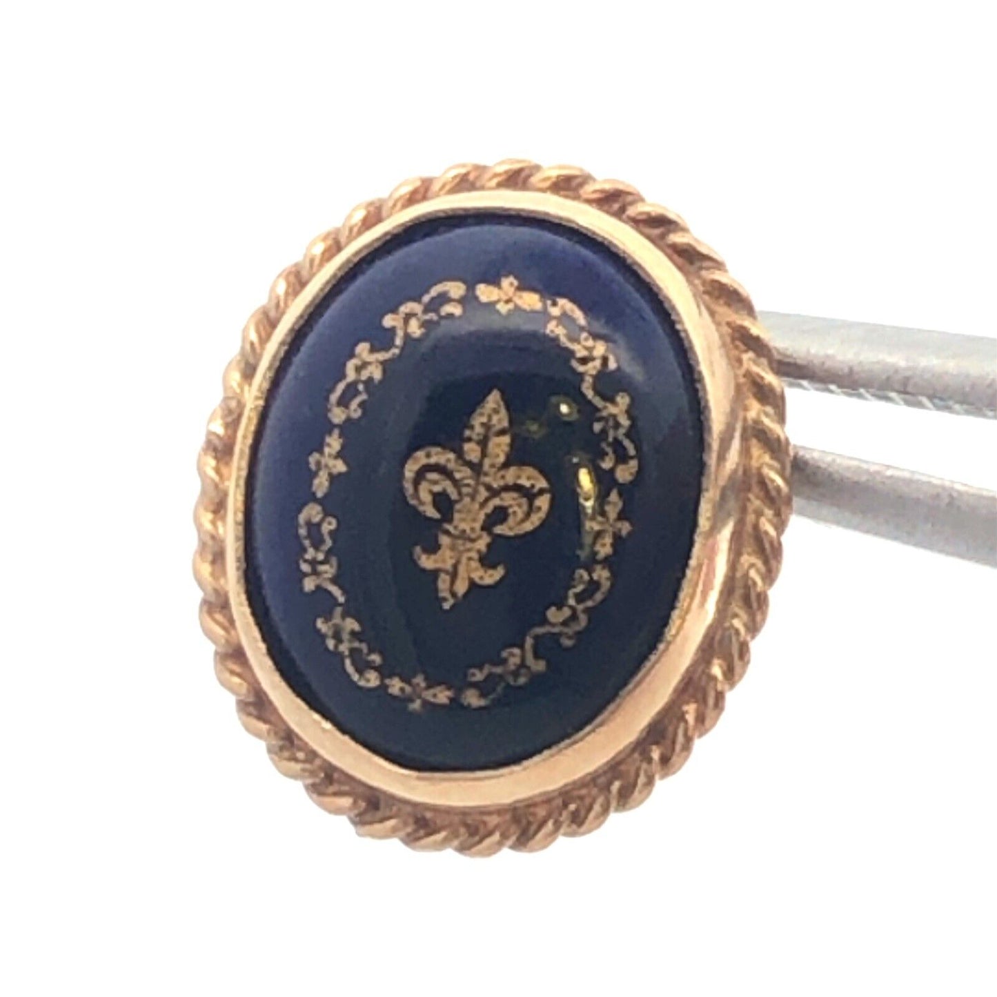 Vintage 14K Yellow Gold Blue Cobalt Gold Etched Fleur De Lis Oval Stud Earrings