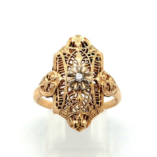 Vintage 10K Yellow Gold Diamond Floral Filigree Statement Finger Ring