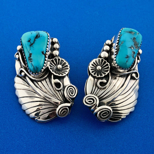 Vintage Old Pawn 925 Sterling Silver Turquoise Squash Blossom Clip On Earrings