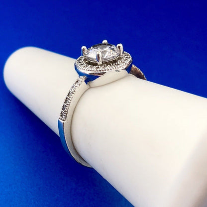 Sterling Silver 925 Cubic Zirconia CZ Solitaire Halo Engagement Ring