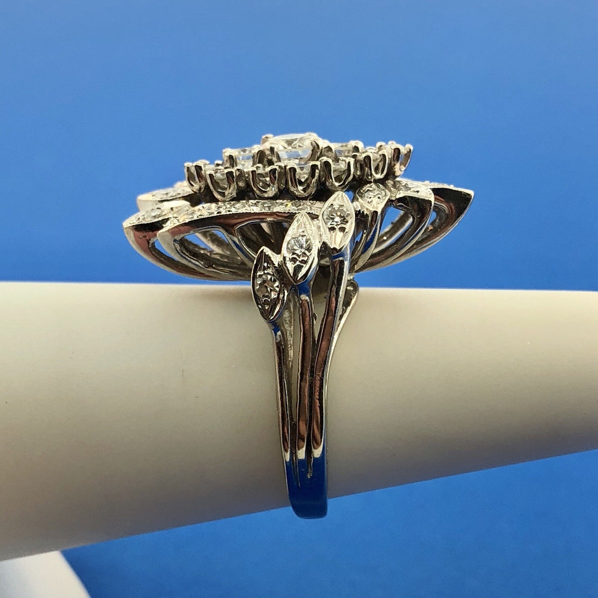Estate 14K White Gold Diamond Feather Flower Cluster Statement Anniversary Ring