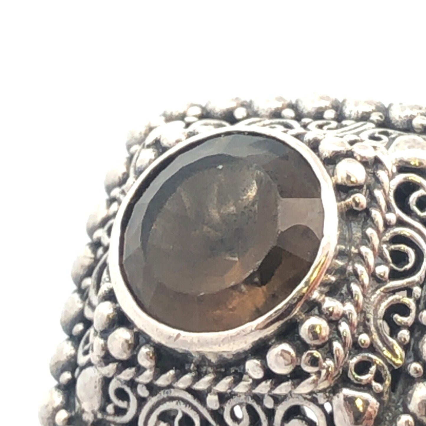 Designer Sarda 925 Sterling Silver Smoky Topa Filigree Square Statement Ring