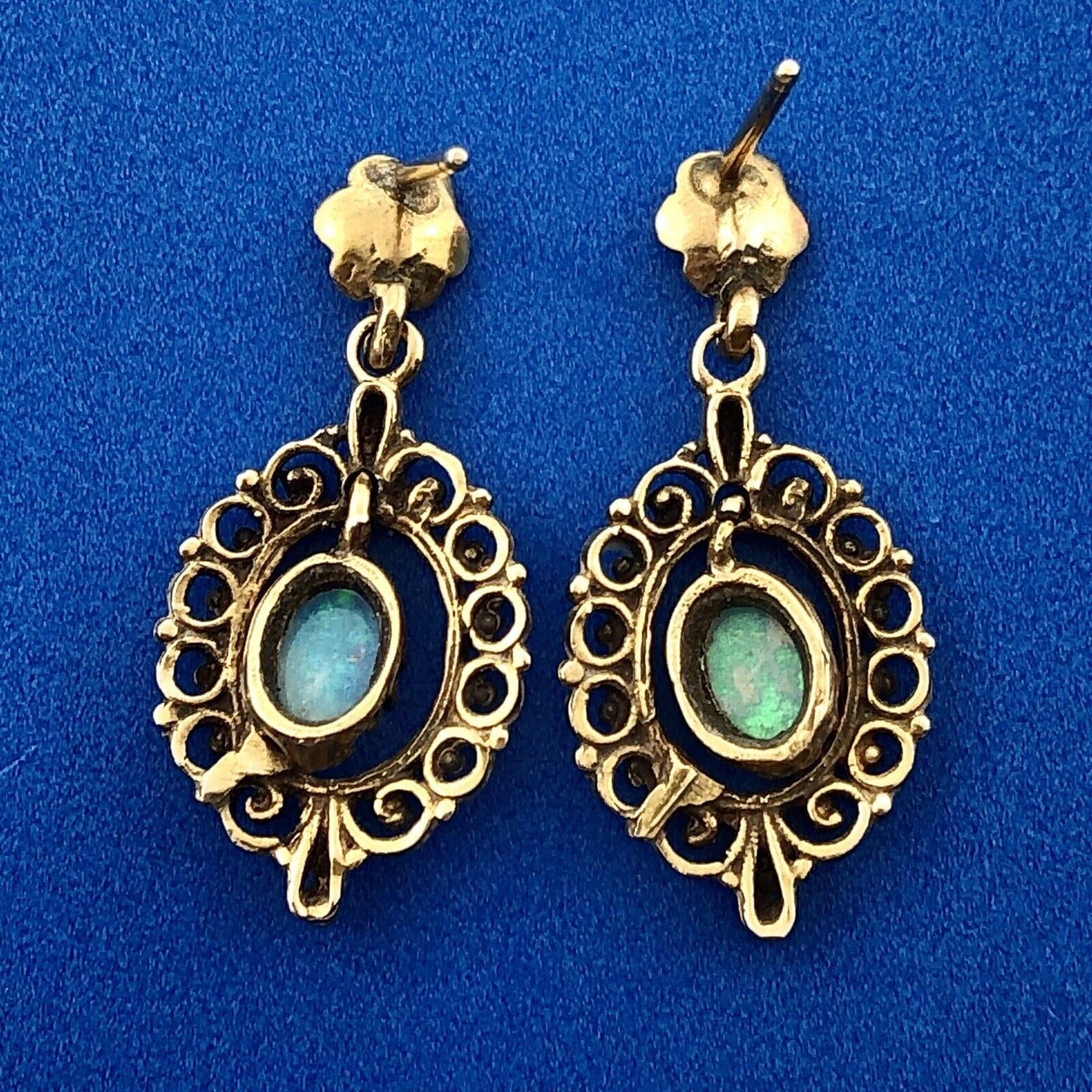 Art Deco 14K Yellow Gold Opal Bead Scroll Floral Open Work Drop Dangle Earrings
