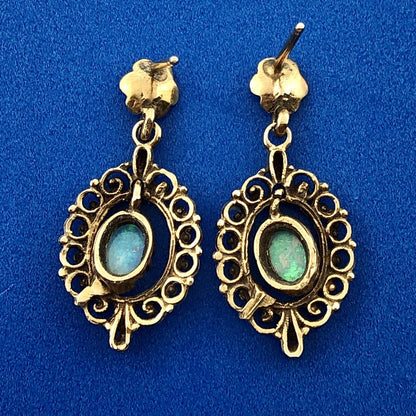 Art Deco 14K Yellow Gold Opal Bead Scroll Floral Open Work Drop Dangle Earrings