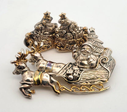 Vintage Silver Gold Tone Santa & Sled Brooch/Pendant Clip Earrings 3 Pc Set