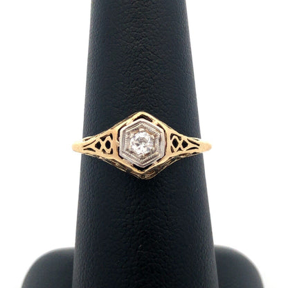 Vintage  14K Yellow Gold Round Diamond Solitaire Art Deco Engagement Ring