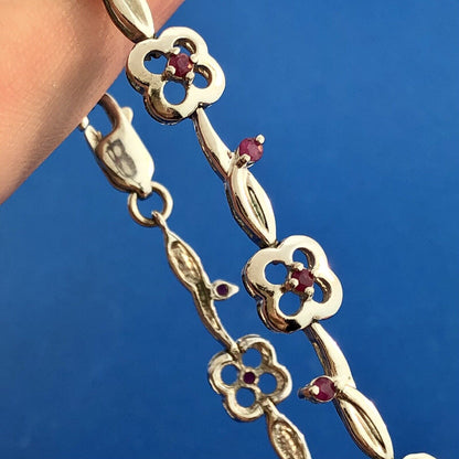 Designer 925 Sterling Silver Ruby Floral Vine July Anniversary Tennis Bracelet