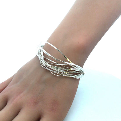 Designer IBB 925 Sterling Silver Herringbone Multi-Strand Layered Chain Bracelet